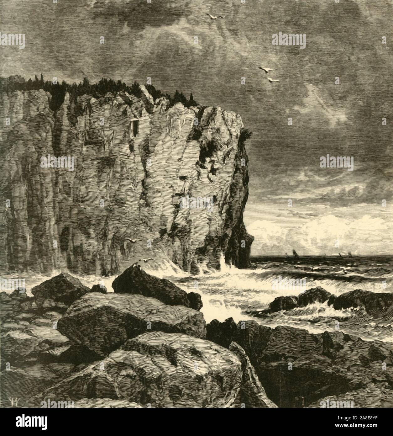 'Cliff near Beaver Bay', 1872. The shore of Lake Superior, Minnesota, USA. 'The cliffs of Beaver Bay are wild and rugged; and yet, dangerous as they appear, here is one of the good harbors of the north shore'. From &quot;Picturesque America; or, The Land We Live In, A Delineation by Pen and Pencil of the Mountains, Rivers, Lakes...with Illustrations on Steel and Wood by Eminent American Artists&quot; Vol. I, edited by William Cullen Bryant. [D. Appleton and Company, New York, 1872] Stock Photo