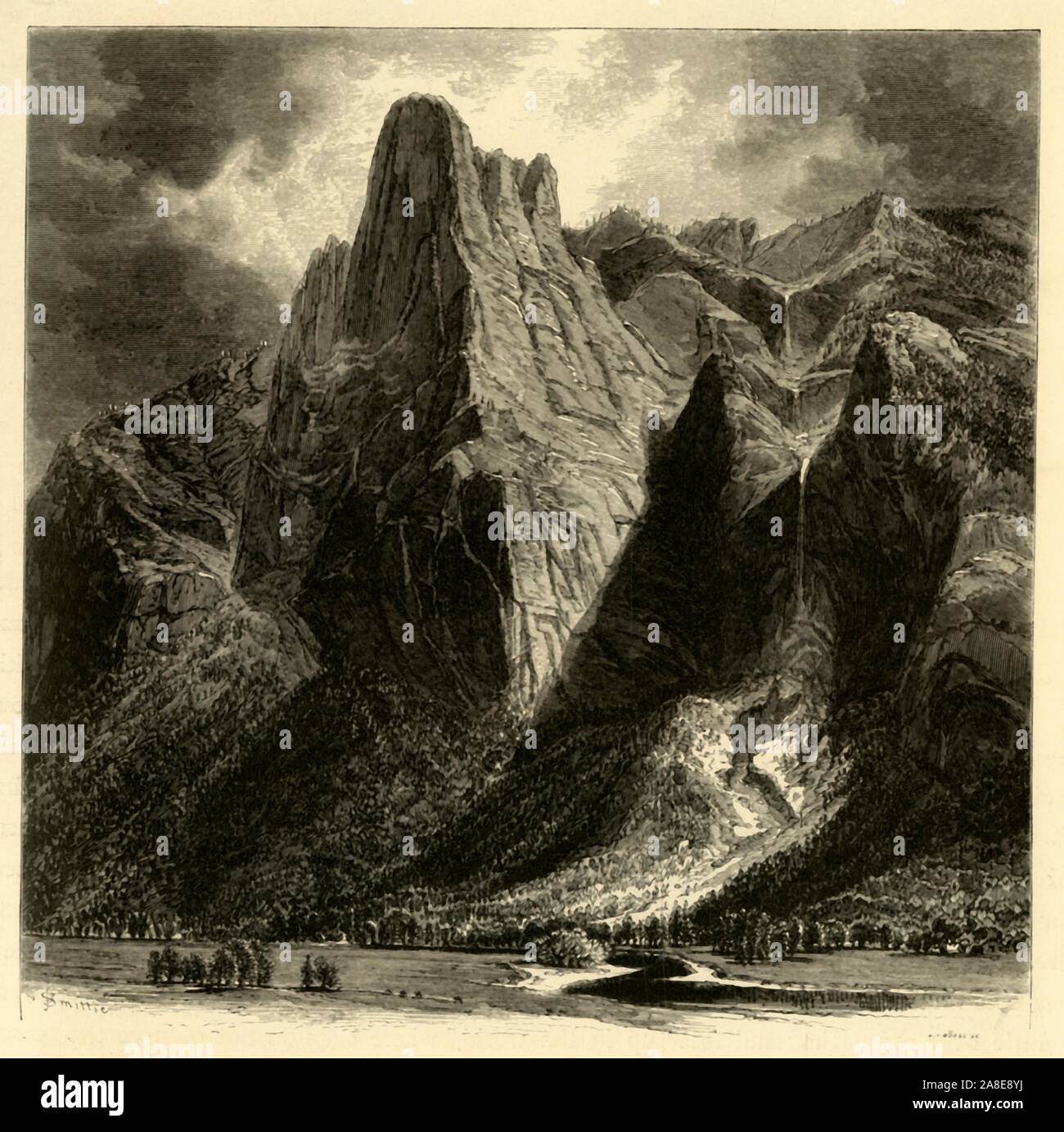 'Sentinel Rock and Fall', 1872. The granite Sentinel Rock, and Sentinel Falls, Yosemite National Park, California, USA. Sentinel Falls is a tiered waterfall 1,920 feet (590 metres) high. From &quot;Picturesque America; or, The Land We Live In, A Delineation by Pen and Pencil of the Mountains, Rivers, Lakes...with Illustrations on Steel and Wood by Eminent American Artists&quot; Vol. I, edited by William Cullen Bryant. [D. Appleton and Company, New York, 1872] Stock Photo