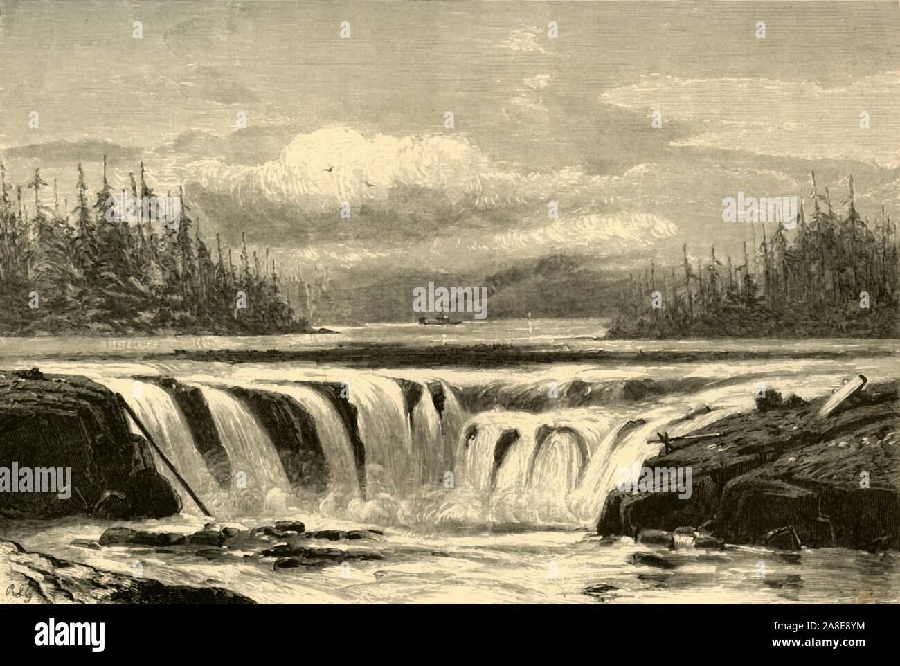 'Falls of the Willamette', 1872. Waterfall in Oregon, USA: 'The falls of this stream [the Willamette River] are justly celebrated for their beauty. The river, which is generally about a mile wide, narrows suddenly near Oregon City, as if preparing for its tremendous leap. The rocks on each side are of frowning basalt, of a deep black, rendered more intense by the foaming waters. By the action of the stream - the current being strongest in the centre - the falls have been worn into a horseshoe form, the two sides being so close that one can throw a stone to the other shore. The water, rushing w Stock Photo