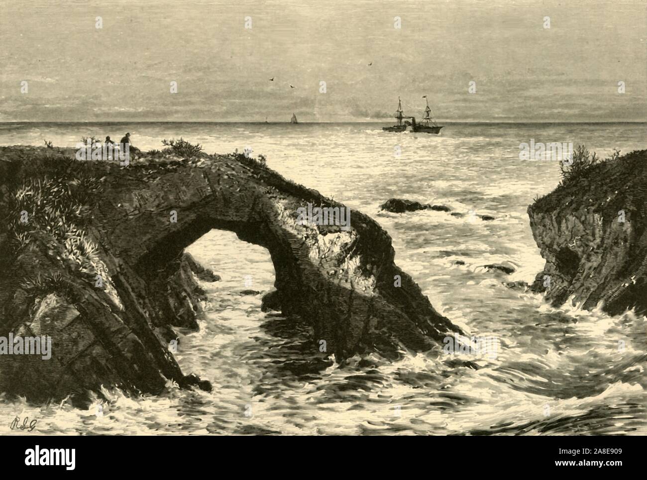 'Coast of Mendocino', 1872. Rock arch on the shore of the Pacific Ocean, California, USA. 'Nothing can be more tumultuous or less pacific than the waters of the Pacific Ocean along the Mendocino coast...the waves are twelve feet high and a mile in length, and advance with a solemnity of motion which words cannot describe...the boiling fury with which they crash upon the beach and churn the sands is, at first sight, appalling. Around such isolated rocks as those presented by the artist they rage and raven...they have worn the cliffs into strange and wondrous forms, beating out caverns where the Stock Photo