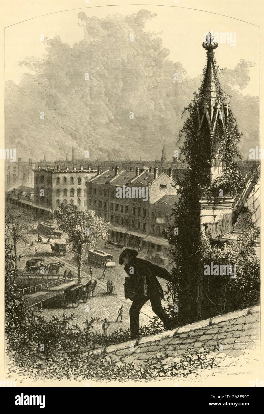 'Main Street, Buffalo, from St. Paul's Church', 1872. An artist on the roof of a church in Buffalo, New York State, USA. From &quot;Picturesque America; or, The Land We Live In, A Delineation by Pen and Pencil of the Mountains, Rivers, Lakes...with Illustrations on Steel and Wood by Eminent American Artists&quot; Vol. I, edited by William Cullen Bryant. [D. Appleton and Company, New York, 1872] Stock Photo