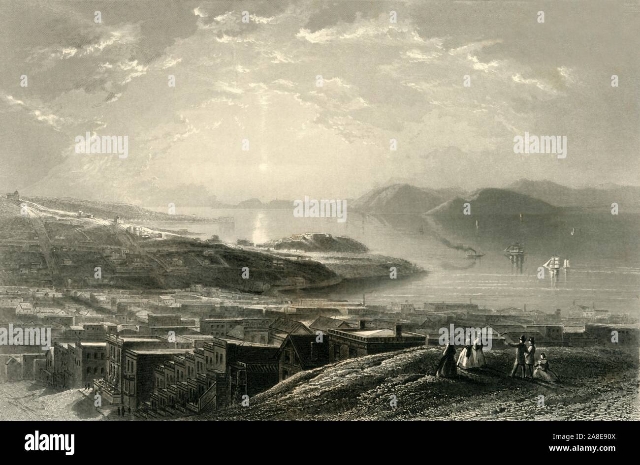 'Golden Gate (From Telegraph Hill)', 1872. View of the strait that connects San Francisco Bay to the Pacific Ocean, California, USA. 'The view opens, and the splendid straits called the Golden Gate appear. Through them we can see the island-rock of Alcatraz, with its fortifications gleaming in the distance...Little craft and big craft, steamers from the ocean, tugs, and every variety of floating thing, are spread upon the gleaming waters, whose green waves dash into white foam upon the three islands ahead. Beyond the city, one can catch momentary glimpses of shipping...'. From &quot;Picturesqu Stock Photo