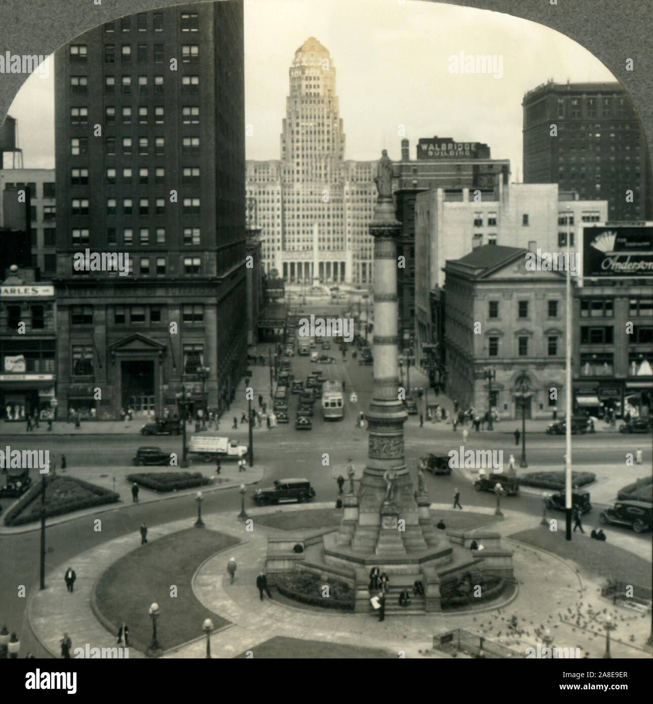 'Looking across Lafayette Square from the Public Library to McKinley Monument and City Hall, Buffalo, N.Y.', c1930s.  Civil War monument in Lafayette Square  laid out by Joseph Ellicott in 1804 with view of the Art Deco. From &quot;Tour of the World&quot;. [Keystone View Company, Meadville, Pa., New York, Chicago, London] Stock Photo