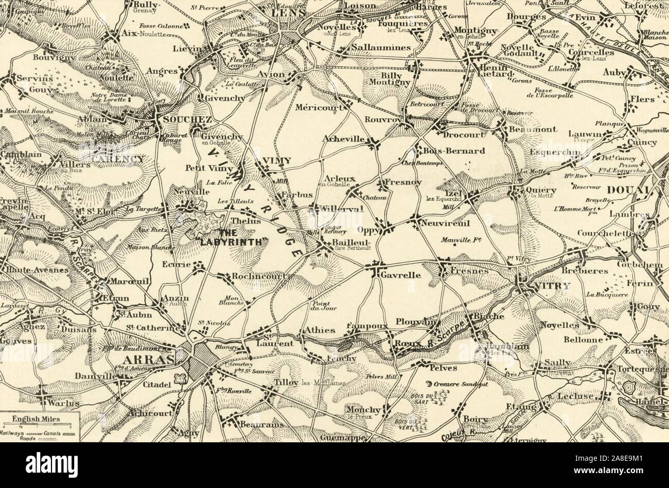 'Detailed Map of the Arras Fighting Area', 1917. From &quot;The War Illustrated Album De Luxe - Volume VIII. Ending The First Three Years&quot;, edited by J. A. Hammerton. [The Amalgamated Press, Limited, London, 1917] Stock Photo