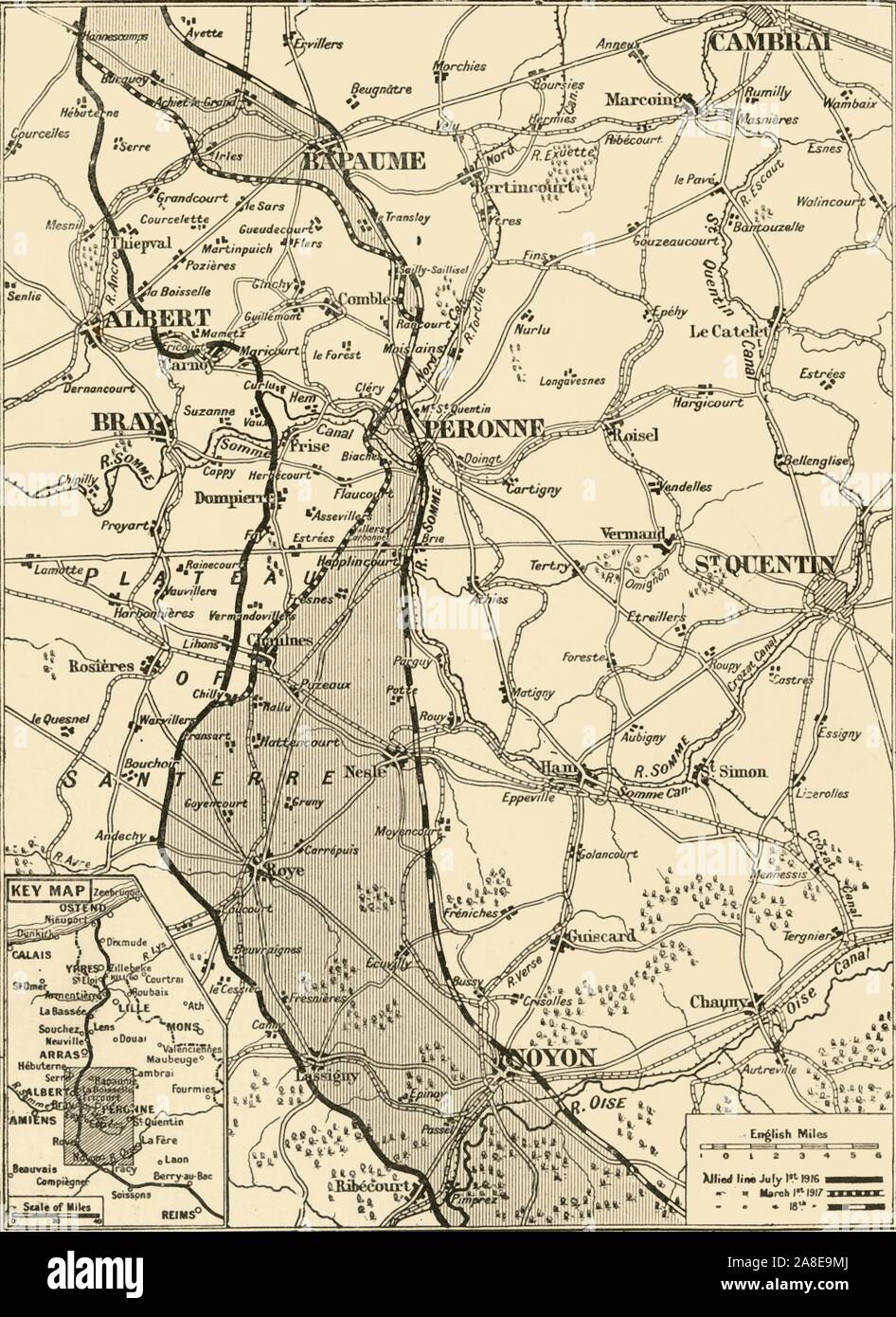 'Map Showing German Retreat in the West, 1917', 1917. From &quot;The War Illustrated Album De Luxe - Volume VIII. Ending The First Three Years&quot;, edited by J. A. Hammerton. [The Amalgamated Press, Limited, London, 1917] Stock Photo