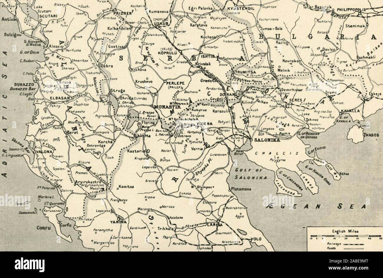 'General Map of the Balkan Operations in the Autumn of 1916', 1917. The Balkans campaign was fought between the Central Powers and the Allies, hostility between Serbia and Austria-Hungary was the prime cause of World War I. From &quot;The War Illustrated Album De Luxe - Volume VII. The Autumn Campaign of 1916&quot;, edited by J. A. Hammerton. [The Amalgamated Press, Limited, London, 1917] Stock Photo