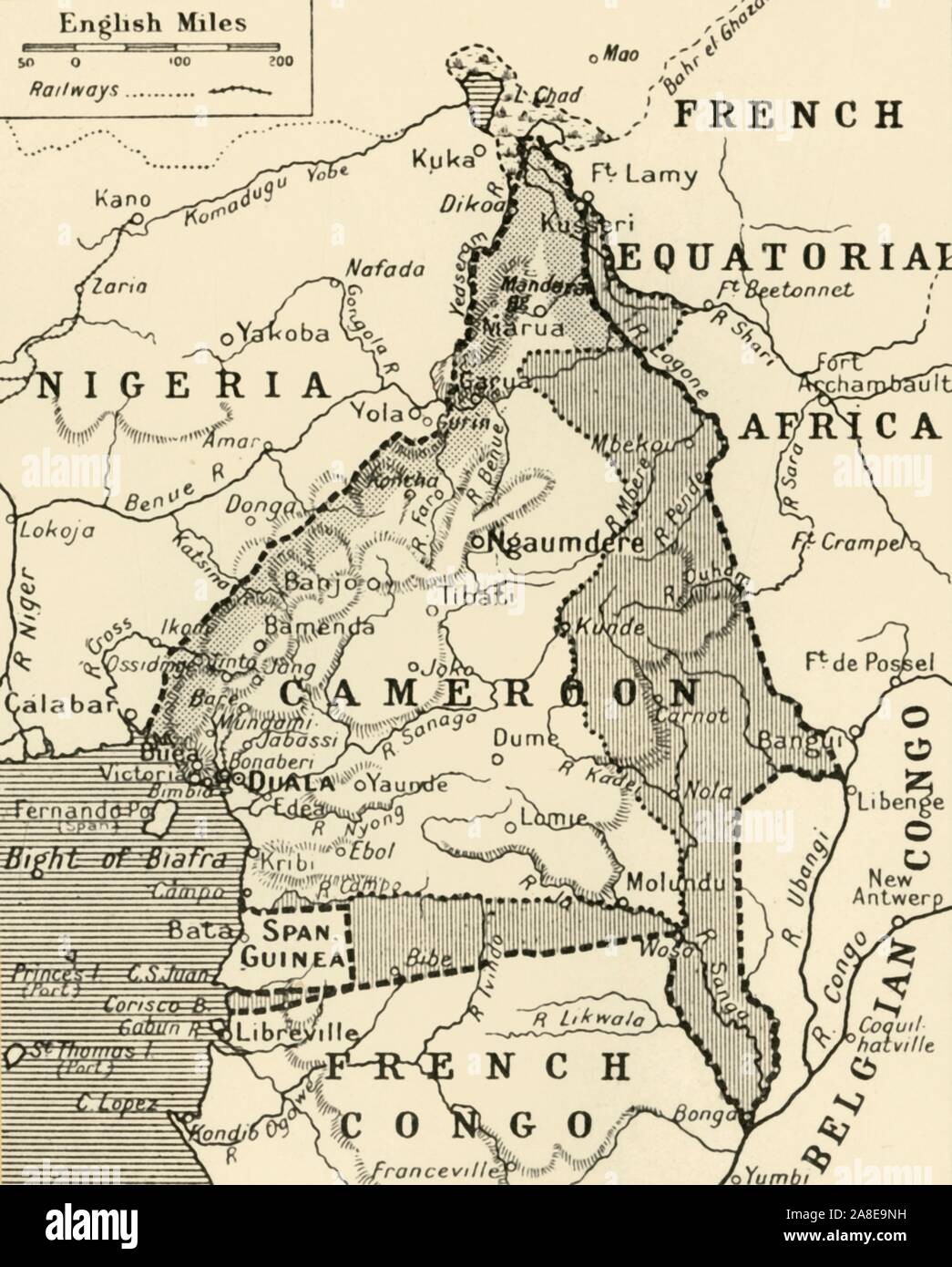'Map Showing the German Cameroon Colony', 1916. German Cameroon was an African colony of the German Empire from 1884 to 1916. Following Germany's defeat, the Treaty of Versailles divided the territory between Great Britain and France. From &quot;The War Illustrated Album De Luxe - Volume IV. The Summer Campaign - 1915&quot;, edited by J. A. Hammerton. [The Amalgamated Press, Limited, London, 1916] Stock Photo