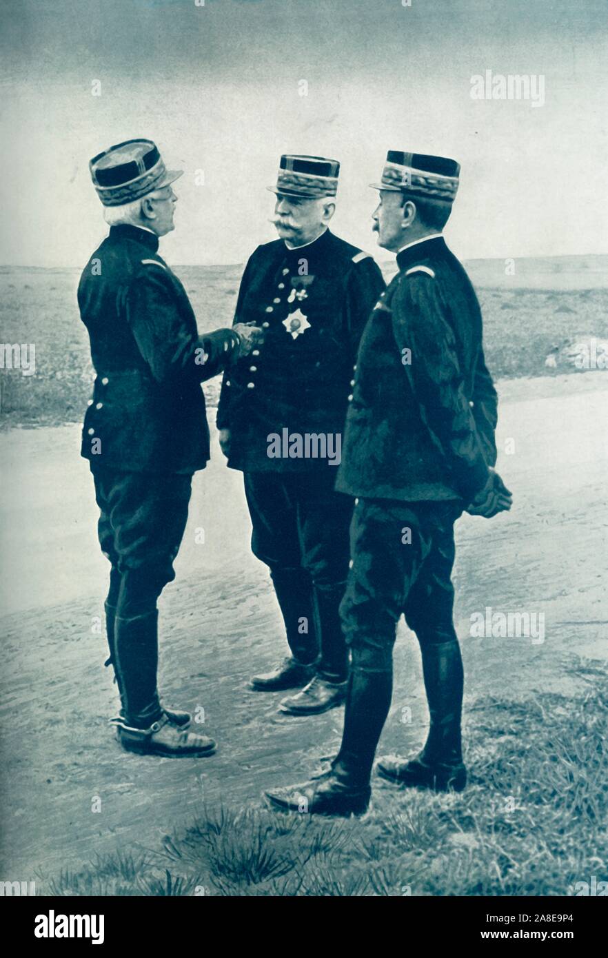 'Famous French Leaders: General Joffre, General D'Urbal, and General Foch.', 1916. Joseph Joffre, Commander-in-Chief on the Western Front with officer Victor d'Urbal and  Supreme Allied Commander Ferdinand Foch. From &quot;The War Illustrated Album De Luxe - Volume IV. The Summer Campaign - 1915&quot;, edited by J. A. Hammerton. [The Amalgamated Press, Limited, London, 1916] Stock Photo