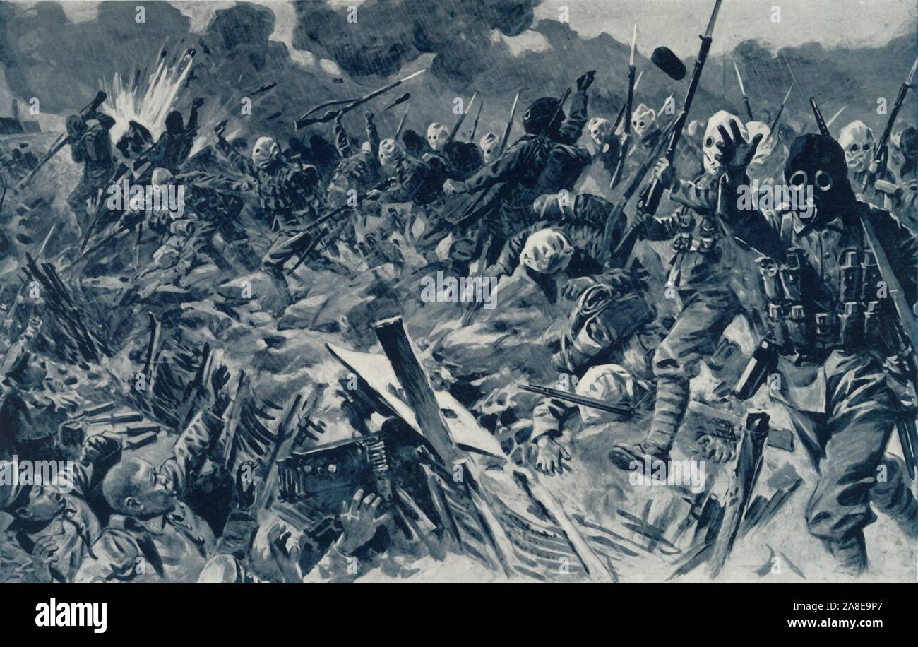 'Hooded British Territorials charging the German Trenches at Loos, September 25th, 1915', 1916. British troops in gas masks charged German trenches at the Battle of Loos on the Western Front, it was the biggest British attack of 1915, and the first time the British used poison gas. From &quot;The War Illustrated Album De Luxe - Volume IV. The Summer Campaign - 1915&quot;, edited by J. A. Hammerton. [The Amalgamated Press, Limited, London, 1916] Stock Photo