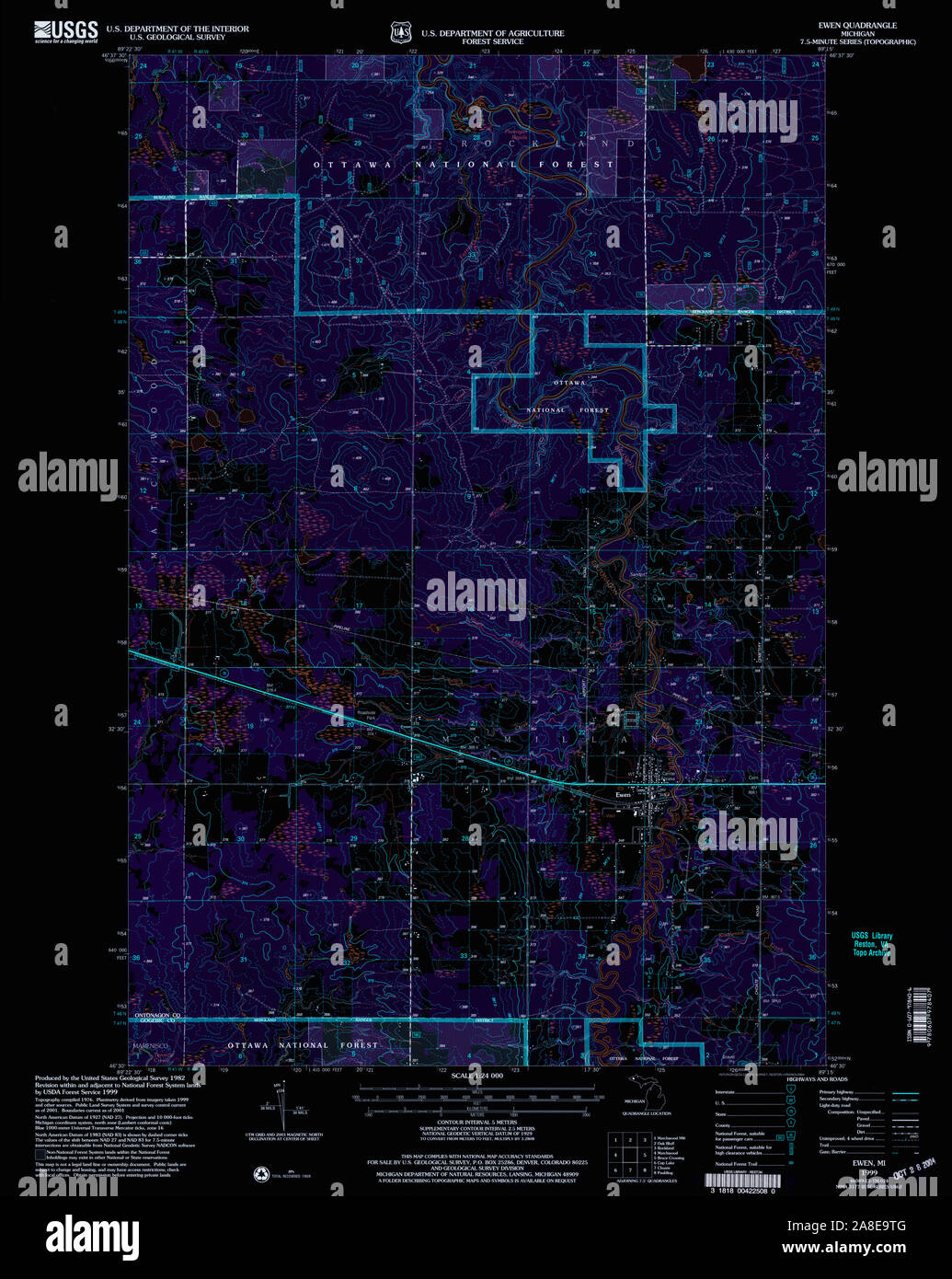 USGS TOPO Map Michigan MI Ewen 276076 1999 24000 Inverted Stock Photo