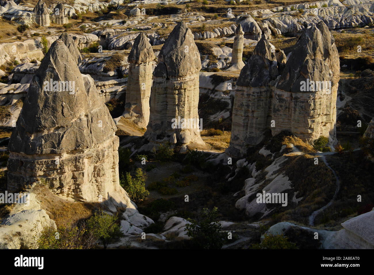 Elevated view of rocky landscape outside Goreme, Göreme National Park. Cappadocia, Anatolia, Turkey. Stock Photo