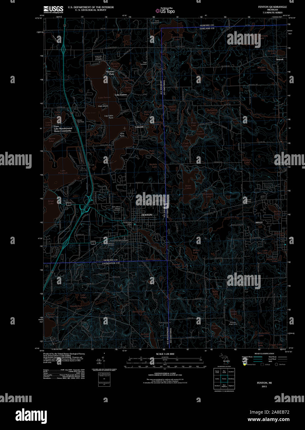 USGS TOPO Map Michigan MI Fenton 20111020 TM Inverted Stock Photo