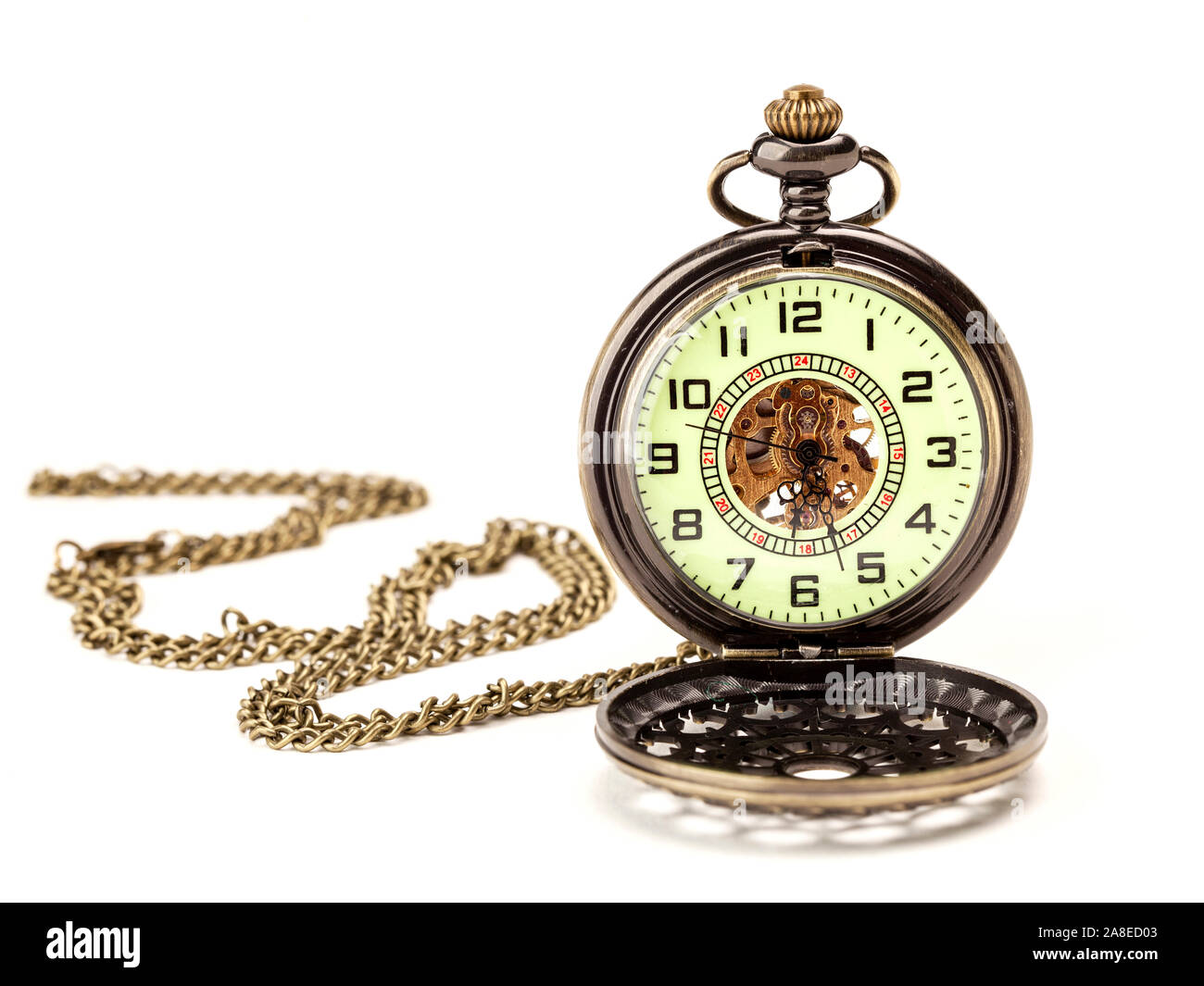 Modern ornate pocket watch and chain. Stock Photo