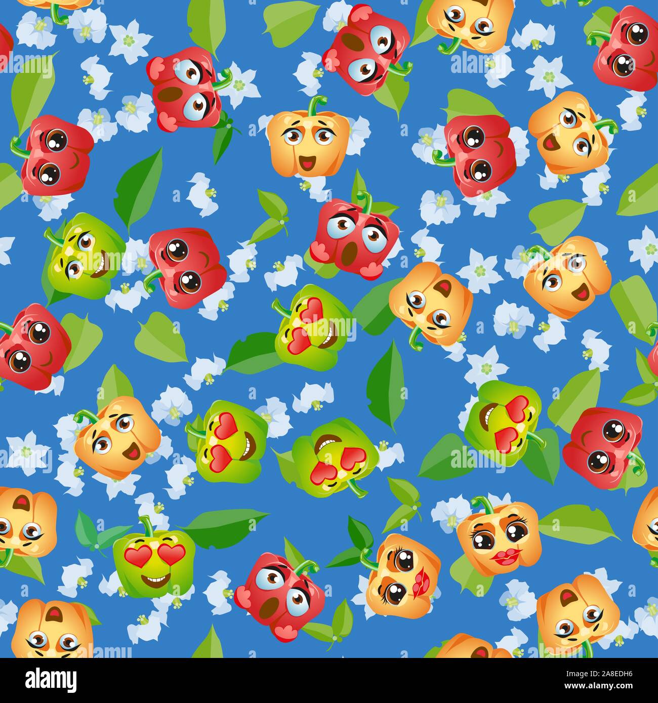 Seamless pattern Bell pepper. Funny cute faces character Stock Vector