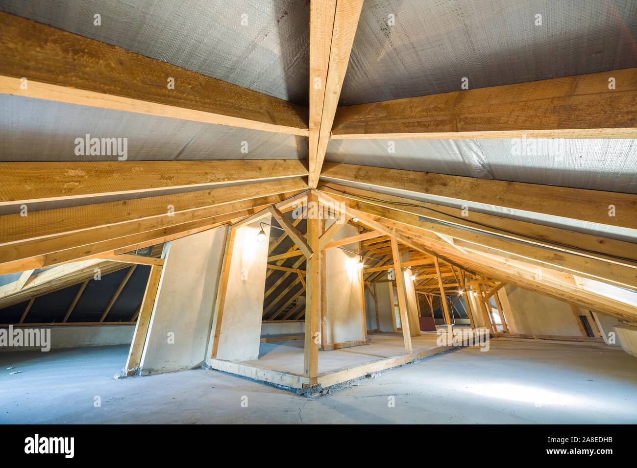 Attic Of A Building With Wooden Beams Of A Roof Structure Stock