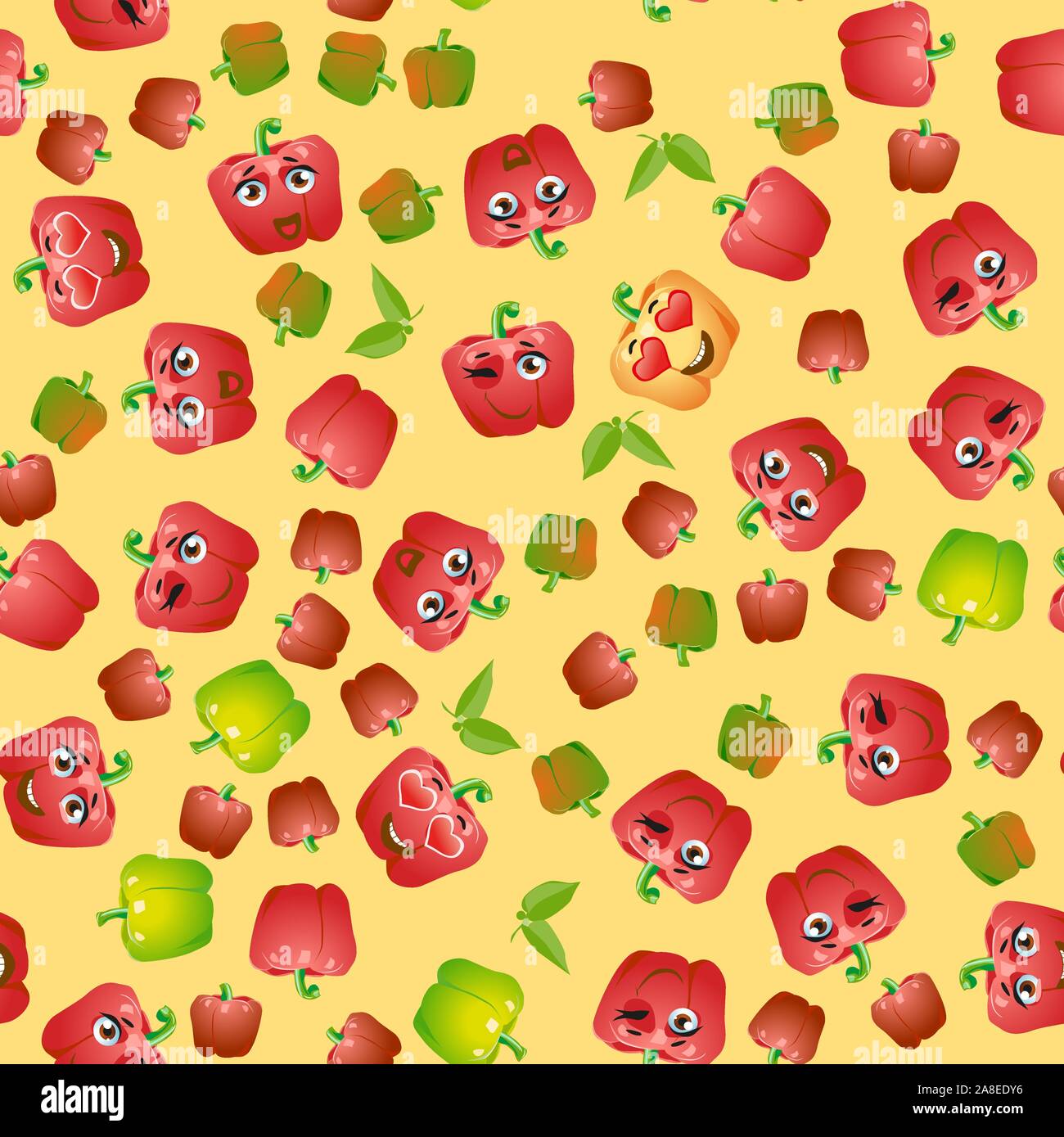 Seamless pattern Bell pepper. Funny cute faces character Stock Vector