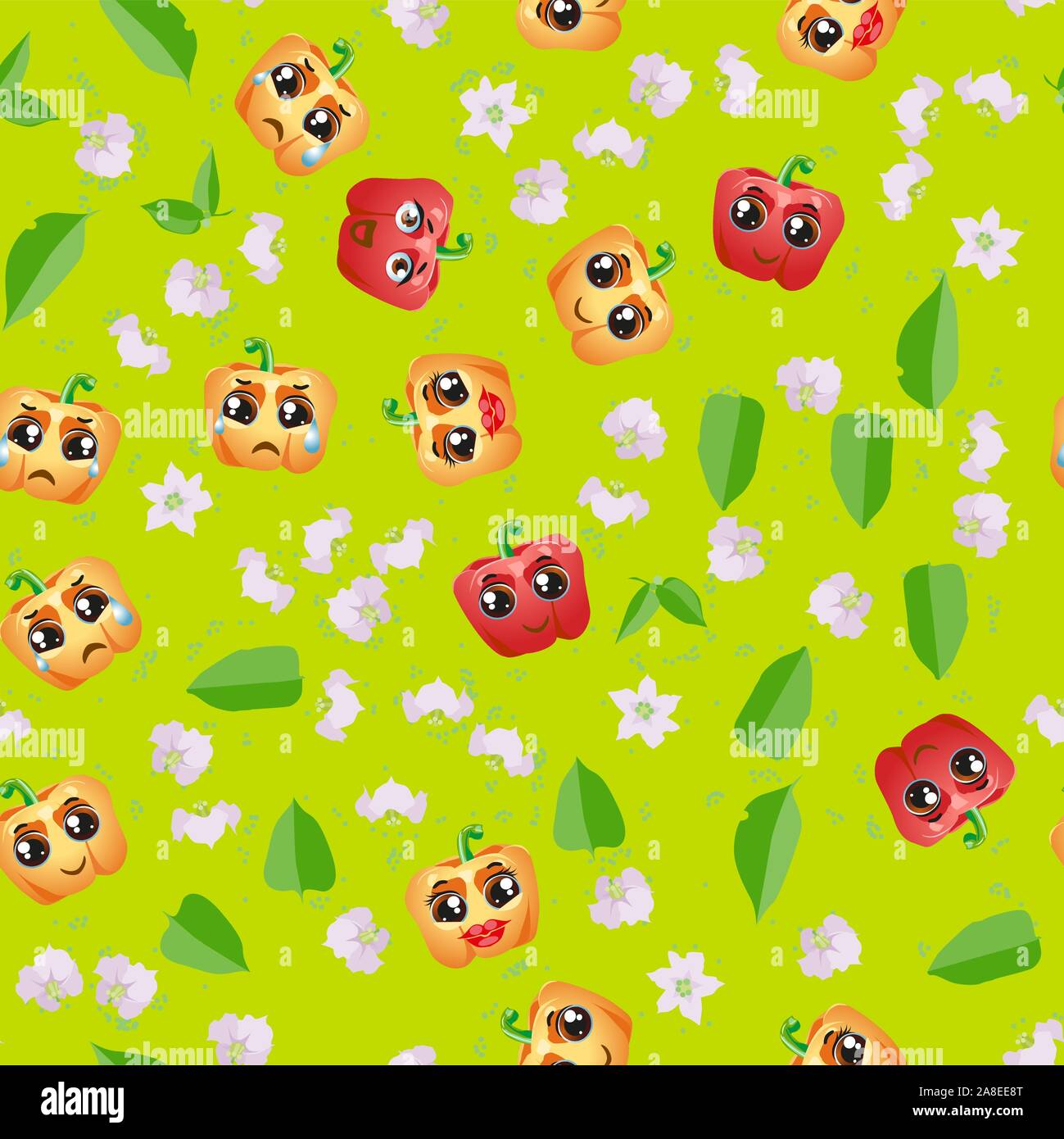 Seamless pattern Bell pepper. Funny cute faces character Stock Vector