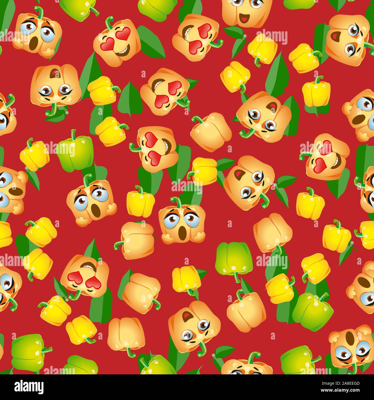 Seamless pattern Bell pepper. Funny cute faces character Stock Vector