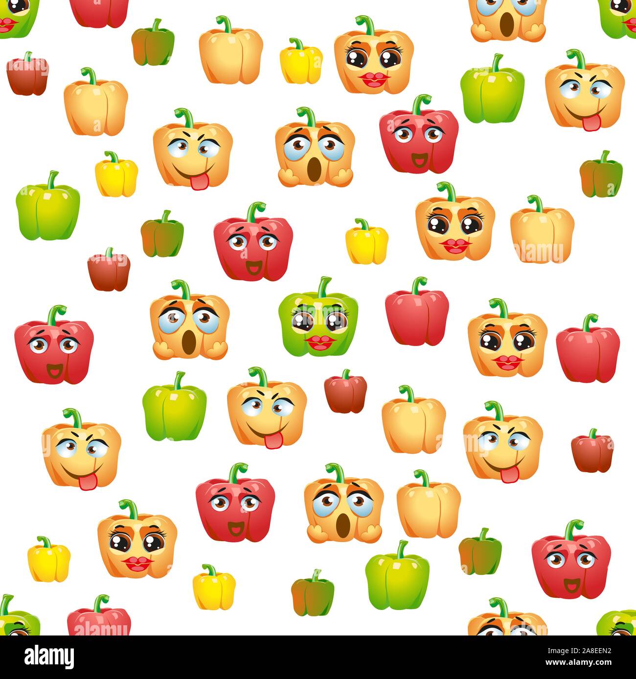 Seamless pattern Bell pepper. Funny cute faces character Stock Vector