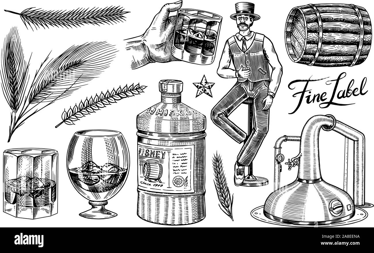 Whiskey set. Glass bottle, wooden barrel, scotch and bourbon, wheat and rye, Victorian man, cheers toast. Vintage American symbols. Strong Alcohol Stock Vector