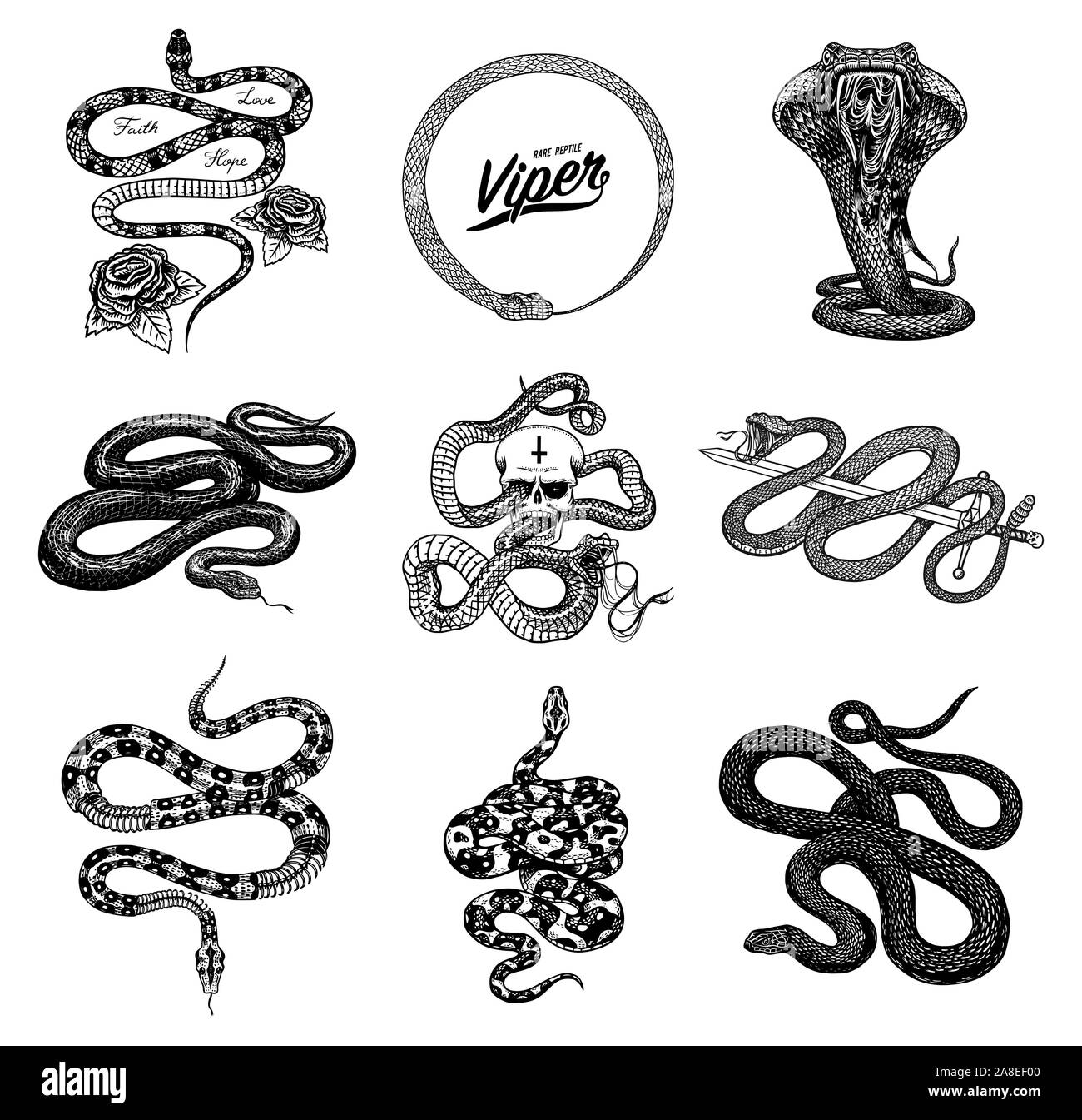 Set of snakes reptiles. Serpent cobra and python and Poisonous Viper. Engraved hand drawn old sketch for Tattoo. Vintage anaconda for sticker or logo Stock Vector