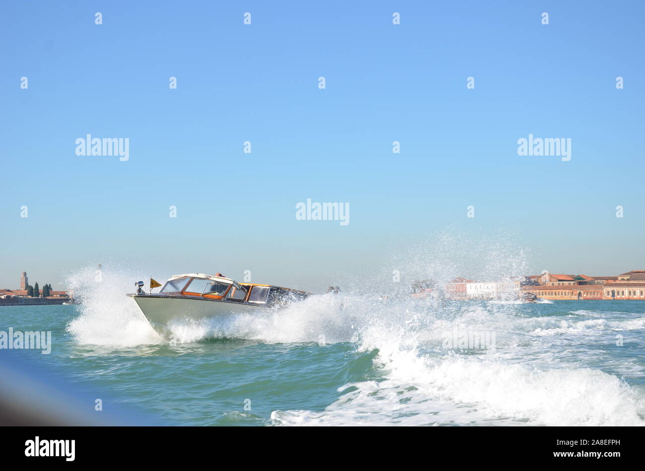 Motorboat in the Lagoon, Venice Stock Photo