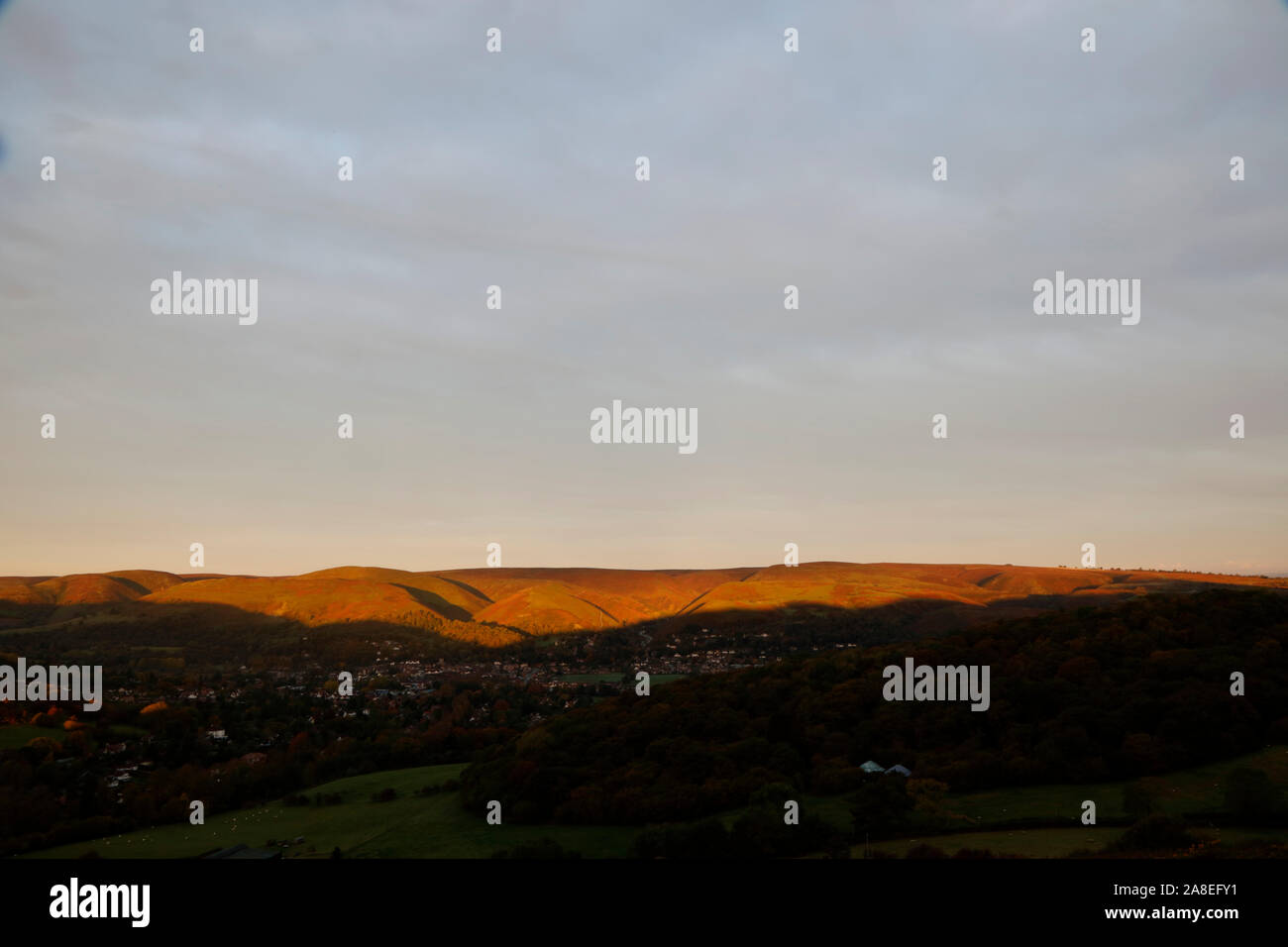 Early morning sun shining on the Long Mynd, Shropshire, England, UK Stock Photo