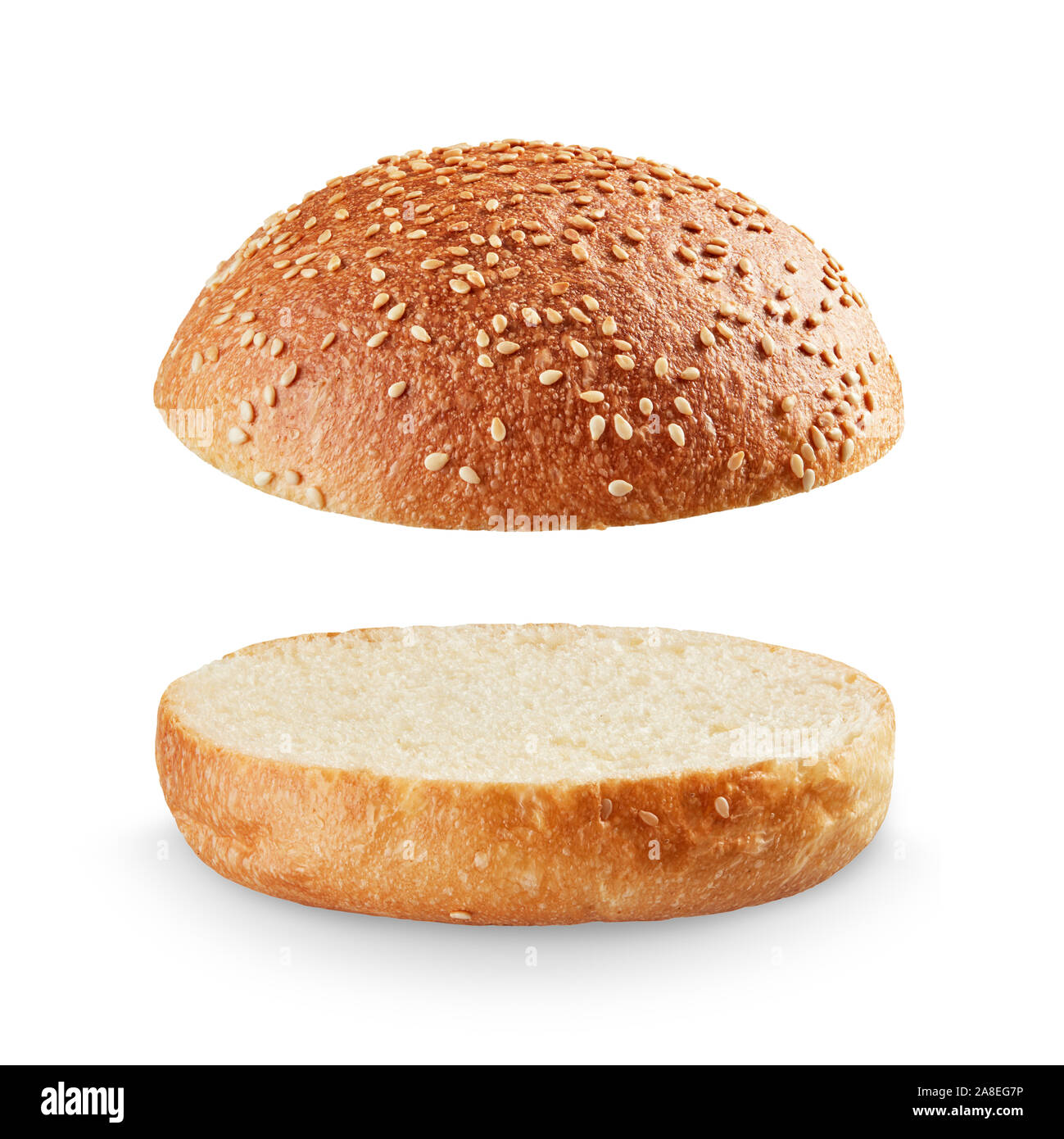 Open and empty burger bread isolated on white background; full depth of field Stock Photo