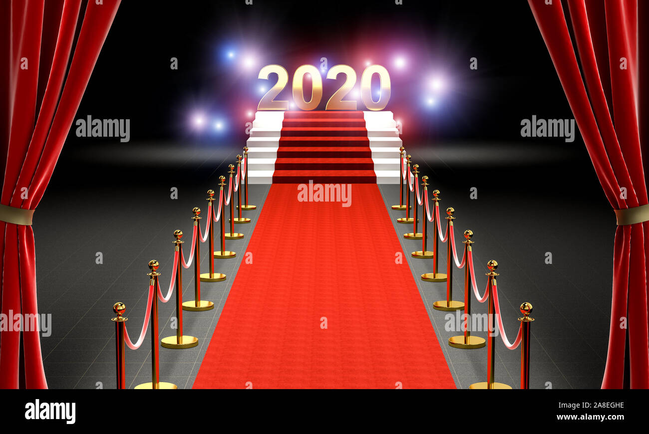 red carpet and gold-colored 2020 writing to celebrate the new year. Flash of paparazzi in the black background. Stock Photo