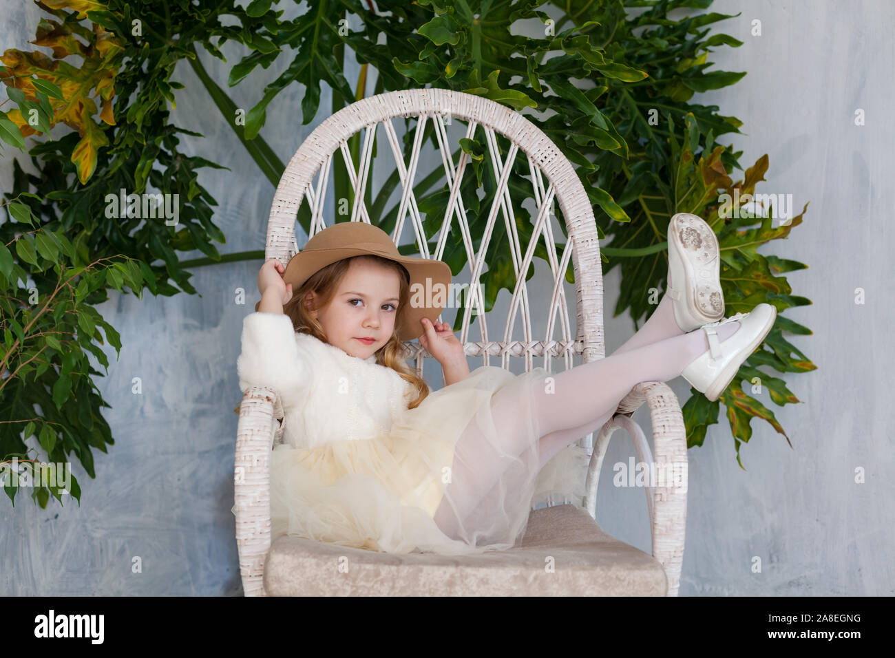 Little fashionable girl in a hat sits in a white chair Stock Photo - Alamy
