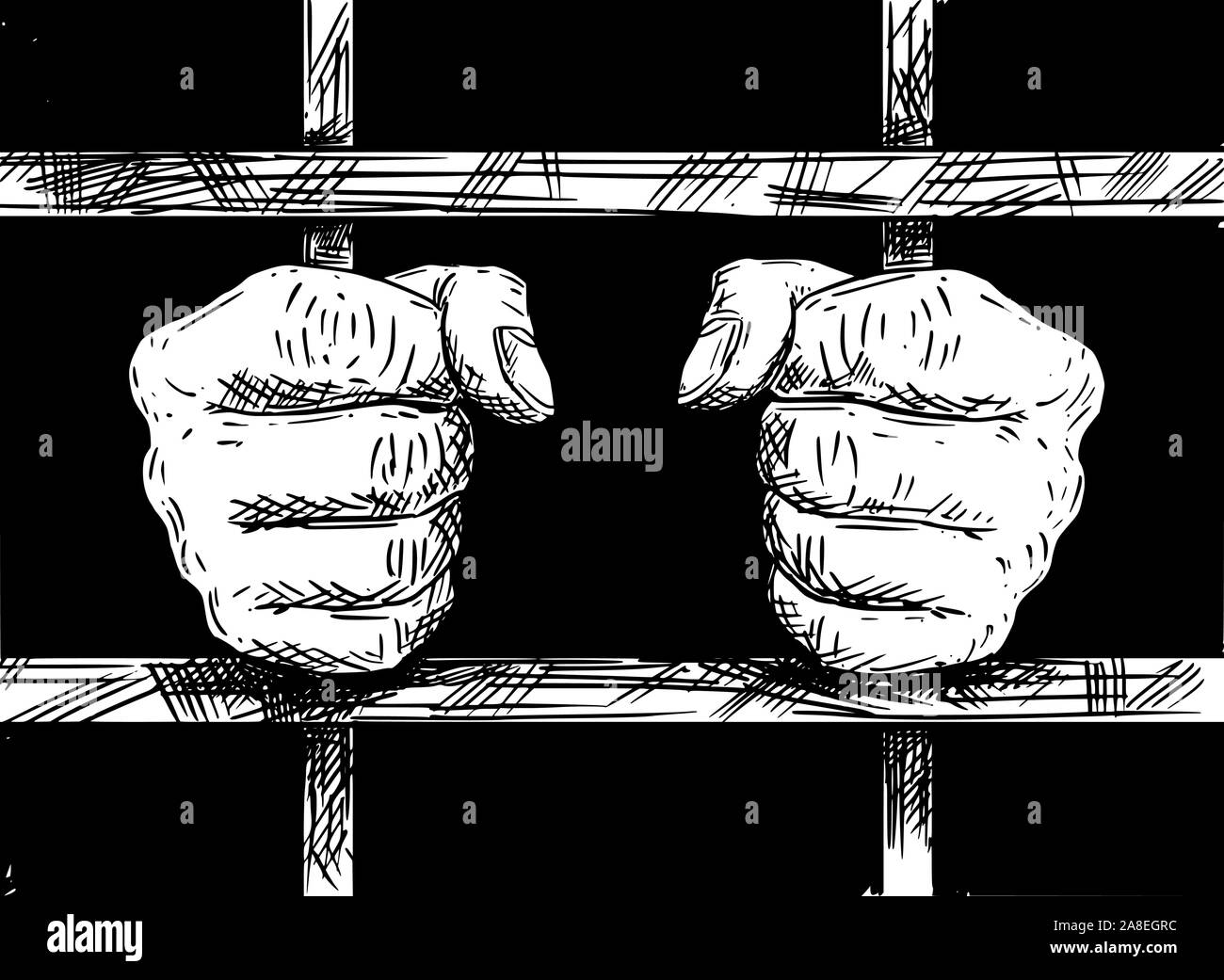Vector black and white artistic drawing of hands of prisoner in prison cell holding iron bars. Stock Vector