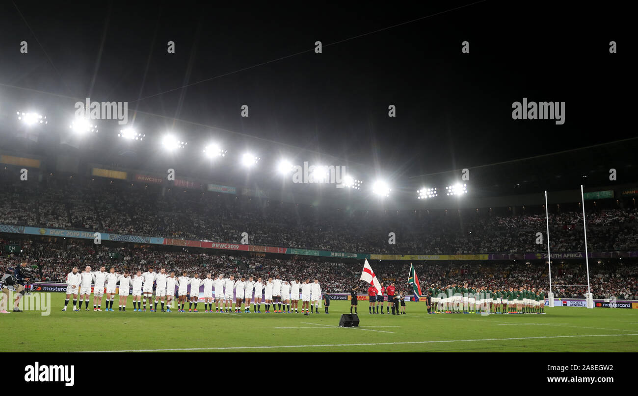 England and South Africa line up during the national anthems during the