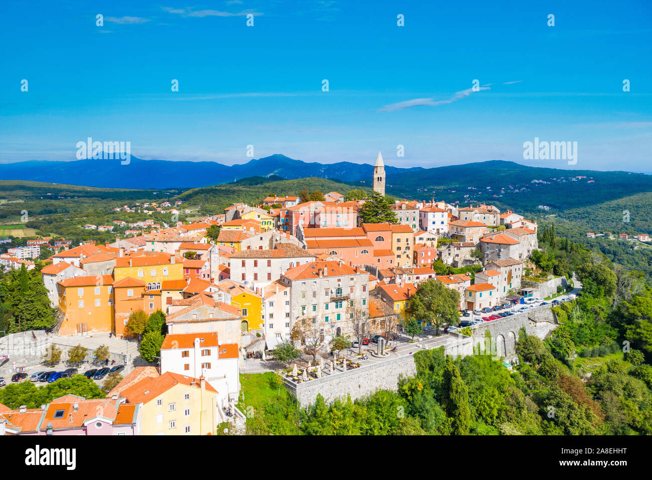 Town of Labin in Istria, Croatia, old traditional houses and castle, view from drone Stock Photo
