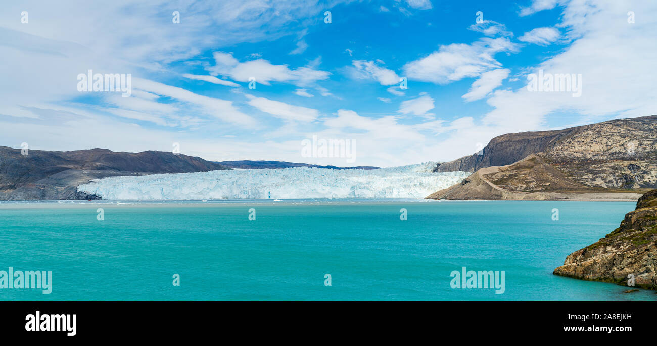 Global Warming and Climate Change . Greenland Glacier front of Eqi glacier in West Greenland AKA Ilulissat and Jakobshavn Glacier. Drains 6.5 percent of the Greenland ice sheet. Stock Photo