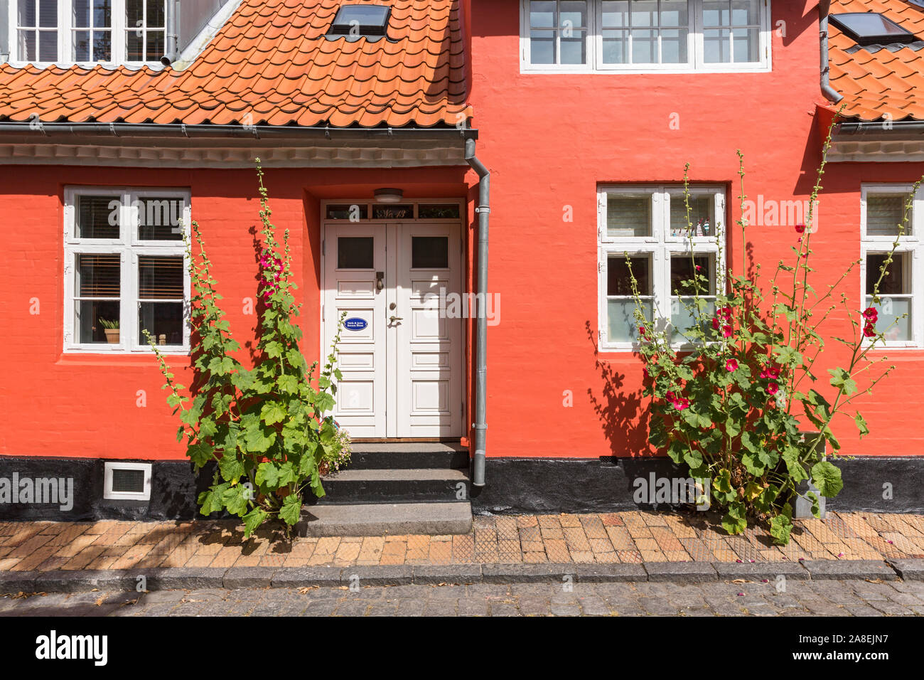 Rønne; Bornholm, Wohnhaus, Stockrosen Stock Photo