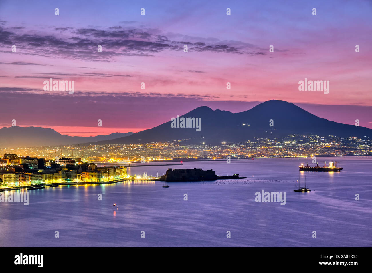 Mount Vesuvius and the gulf of Naples before sunrise Stock Photo