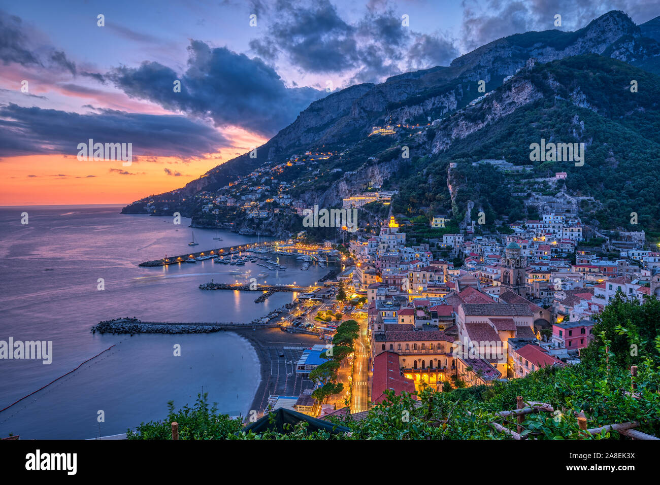 Dusk in Amalfi on the coast of the same name in Italy Stock Photo