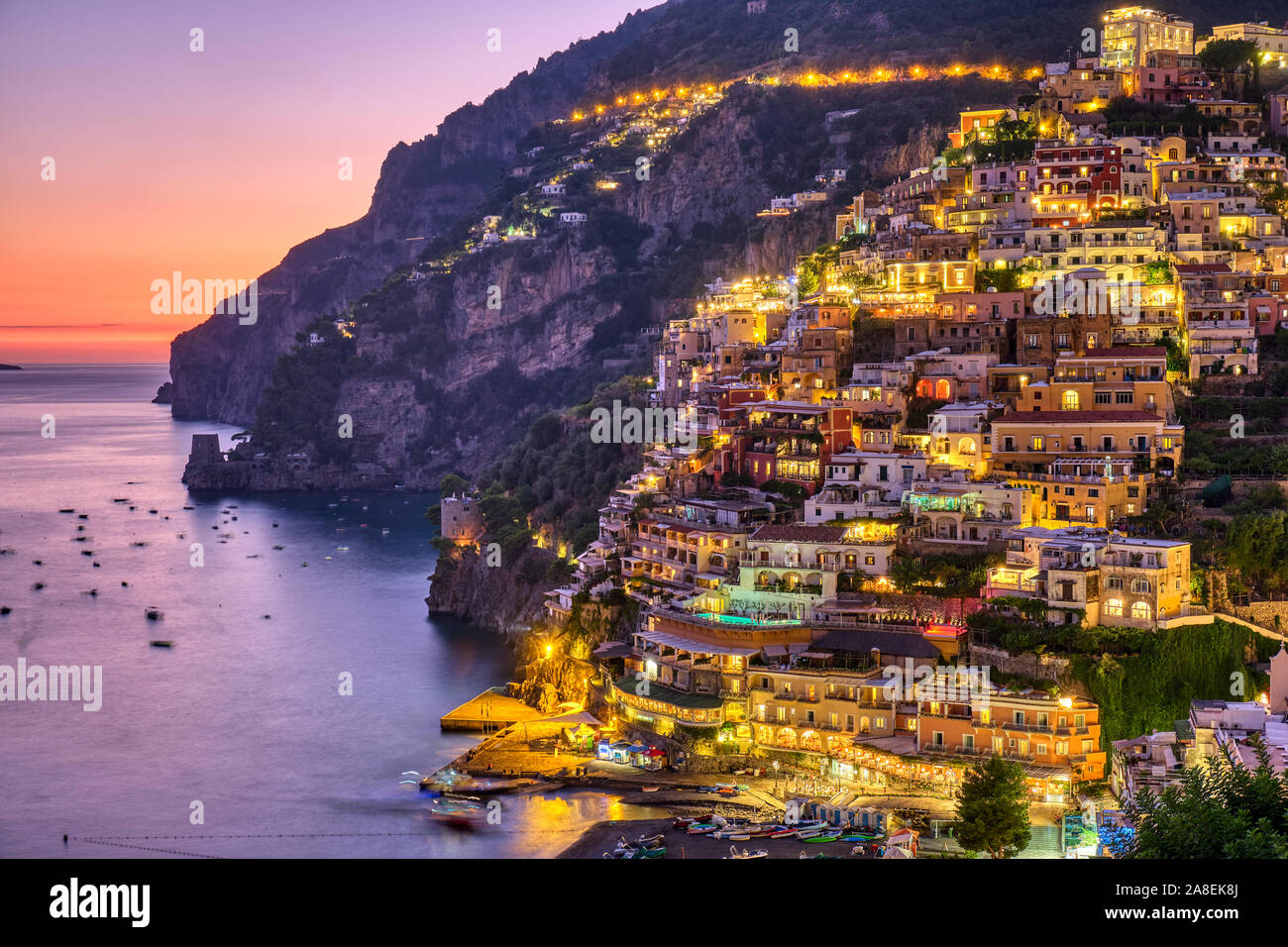 The famous village of Positano on the italian Amalfi coast after sunset Stock Photo