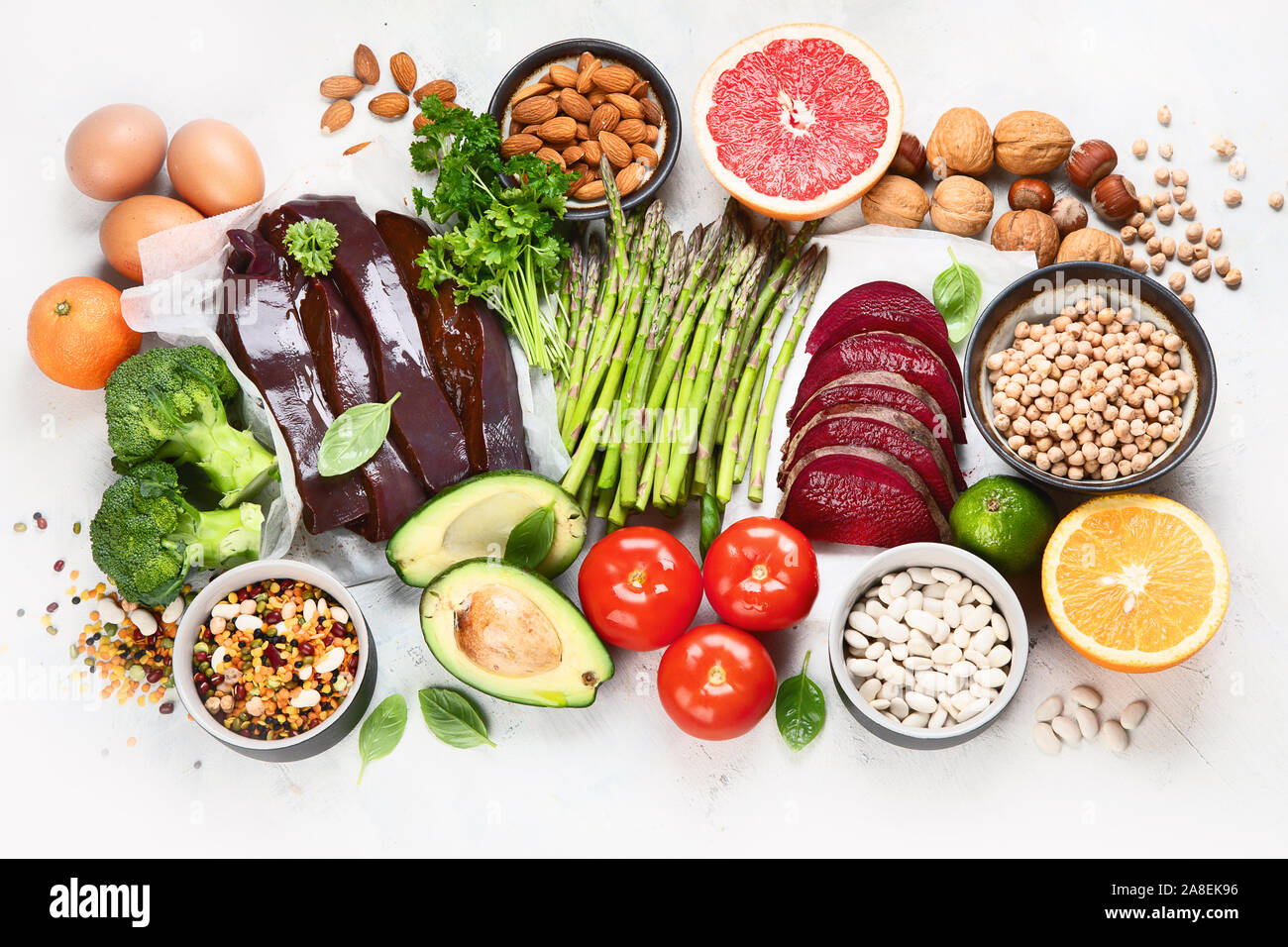 Foods high in vitamin B9. Healthy food, sources of folic acid. Top view