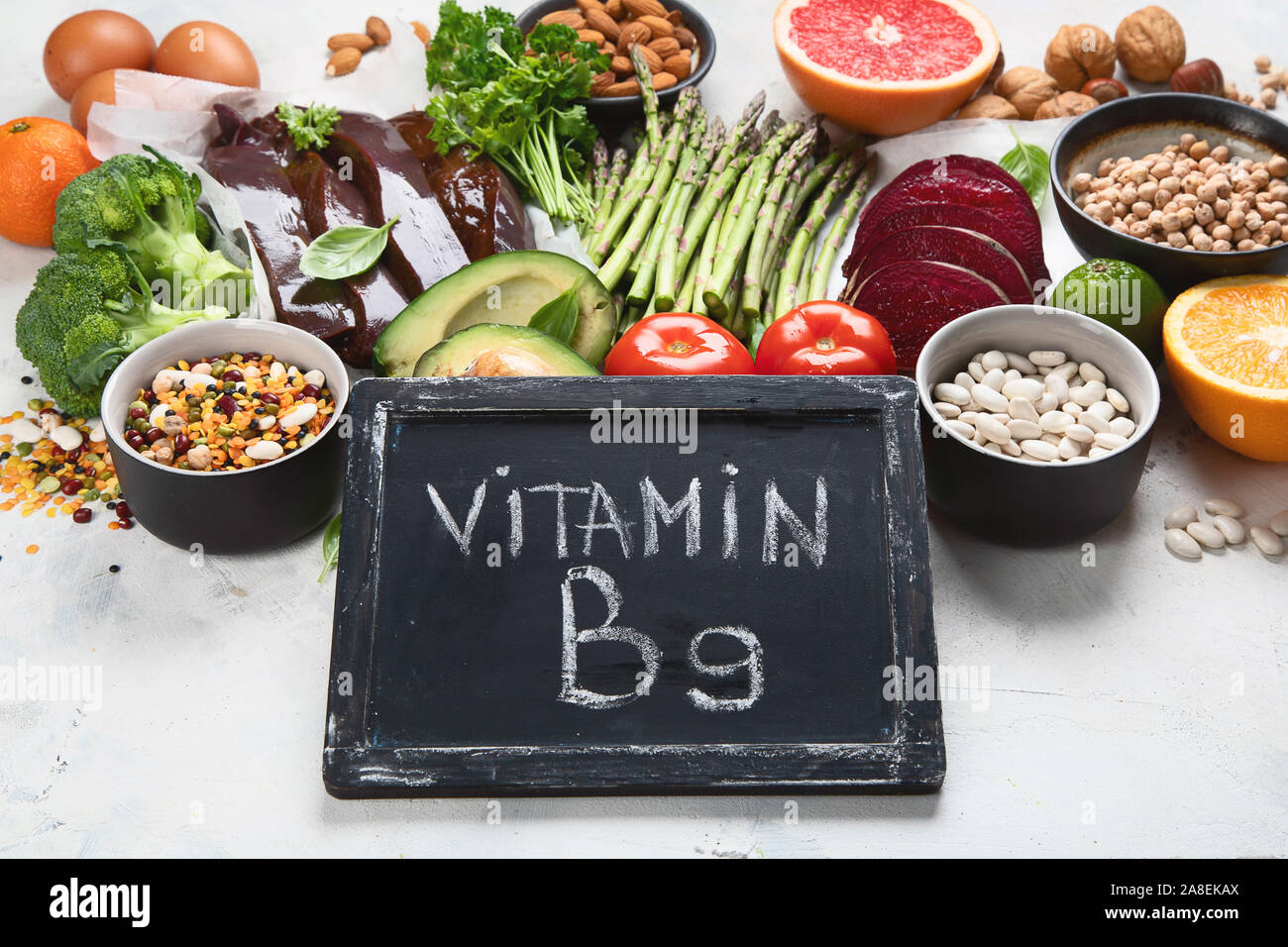 Foods high in vitamin B9. Healthy food, sources of folic acid. Top view