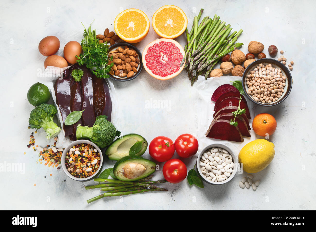 Foods high in vitamin B9. Healthy food, sources of folic acid. Top view