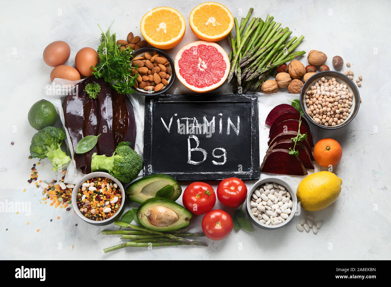 Foods high in vitamin B9. Healthy food, sources of folic acid. Top view  with copy space Stock Photo - Alamy