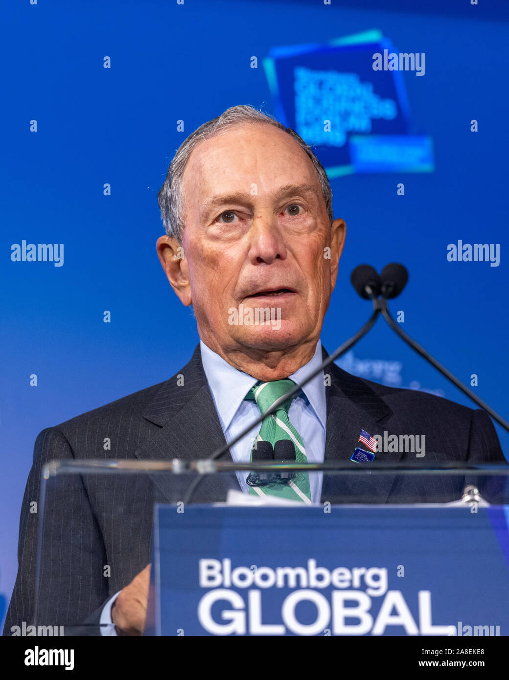 New York, USA,  25 September 2019.  Former New York City Mayor and billionaire Michael Bloomberg addresses the Bloomberg Global Business Forum.  Bloom Stock Photo