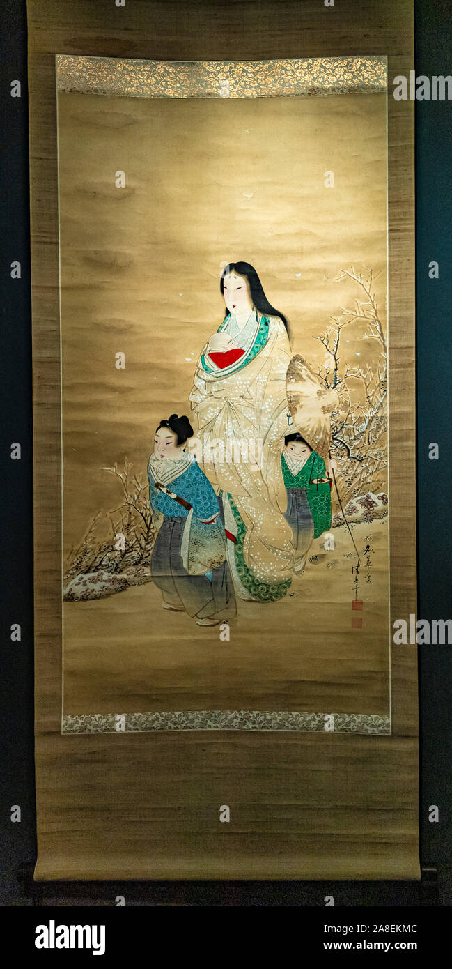 Italy Piedmont Turin Mao ( Museo D'arte Orientale ) Museum of Oriental art - Exibhition 'Female warrior from the Rising Sun' Kakemono - Scroll Painting Bunkakyo Seishun: ' Tokiwa Gozen with her children ' Japan, Edo  Period ( 1603 - 1868 ) - Perino Collection Stock Photo