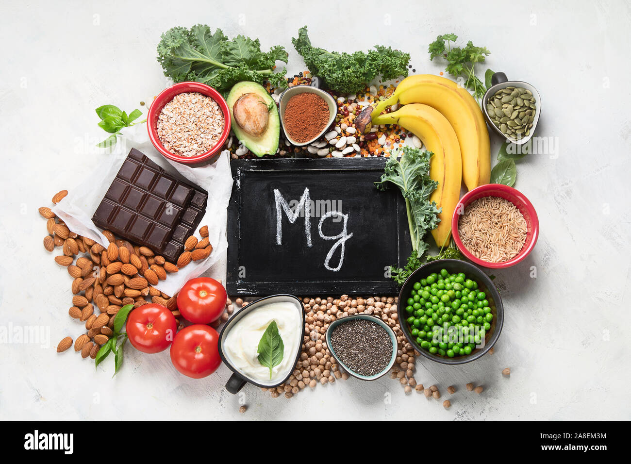 Food containing magnesium. Strengthens the heart; relieves muscle aches, spasms; helps to fall asleep and treat insomnia; prevents migraine headaches; Stock Photo