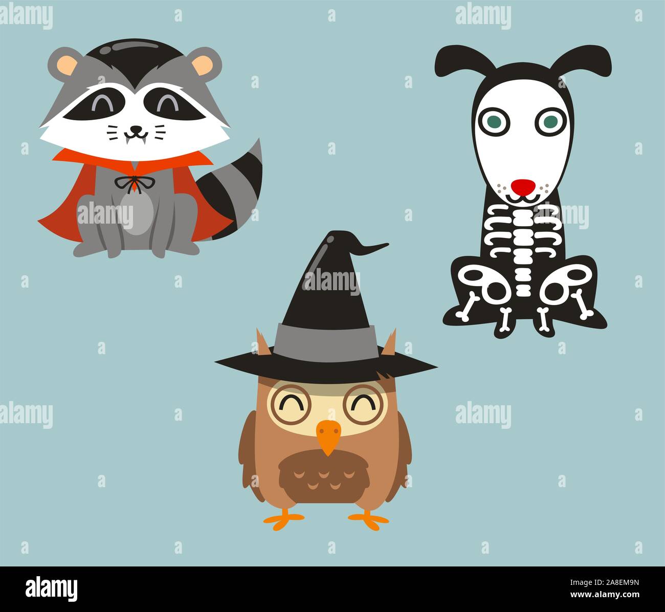 Halloween animals racoon, owl and dog in cartoon costumes Stock Vector