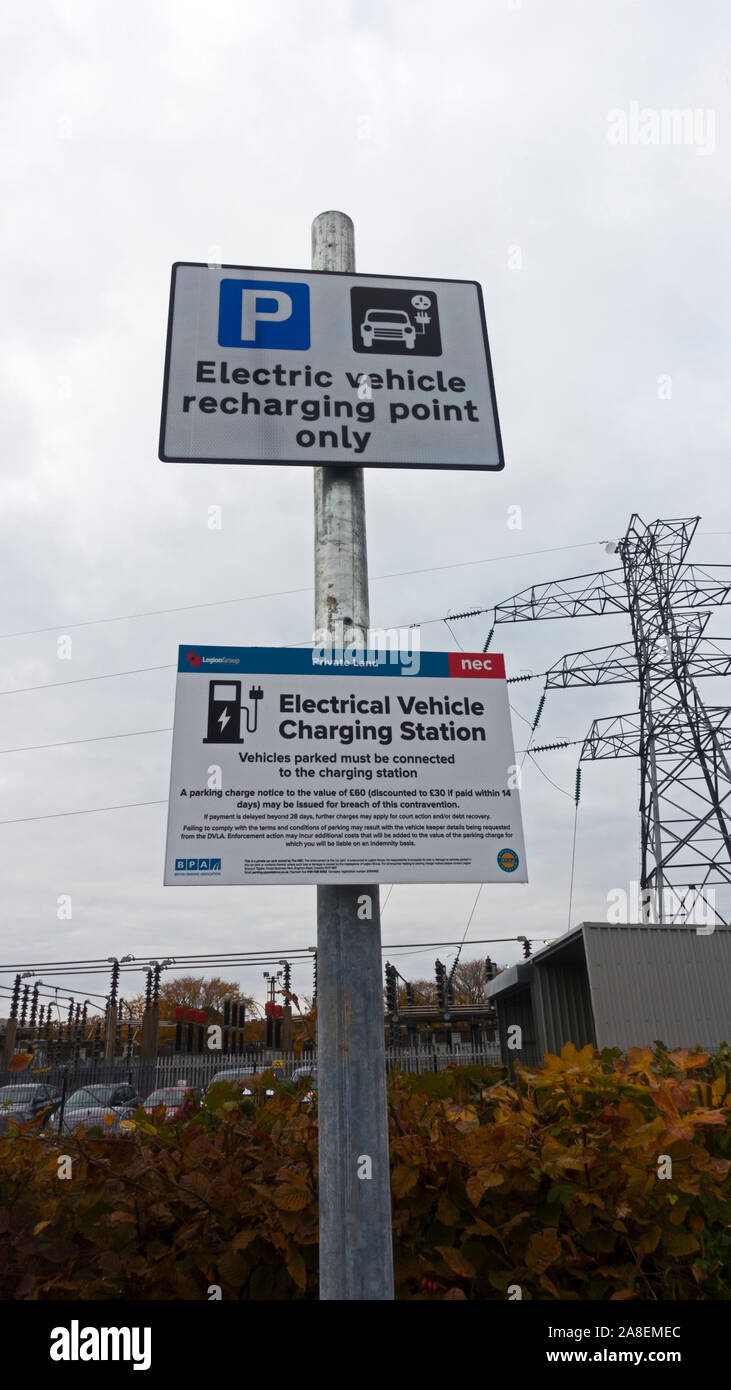 Notices designating electric vehicle charging bay, NEC, Birmingham