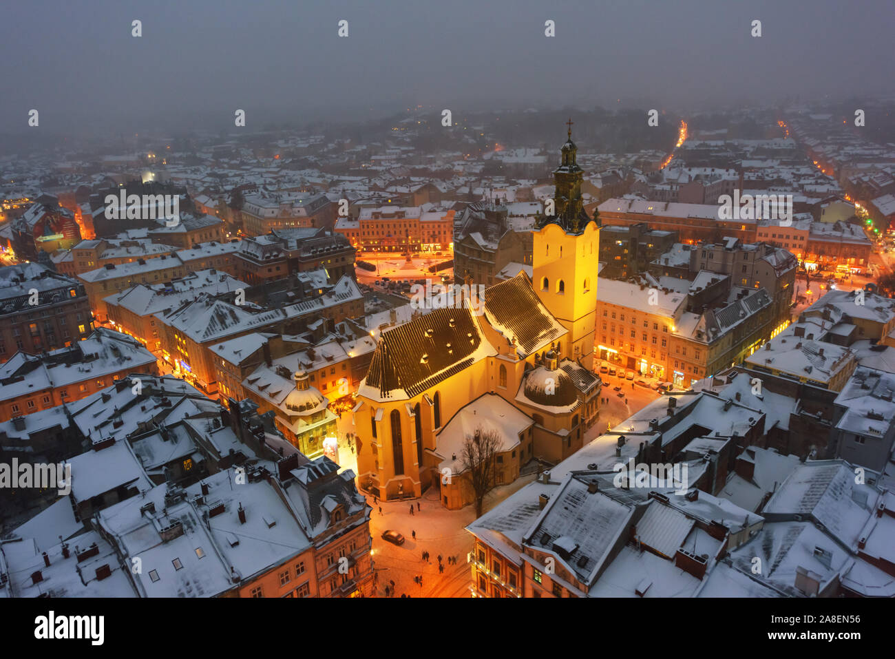 Gorgeus cityscape of winter Lviv city from top of town hall, Ukraine. Landscape photography Stock Photo