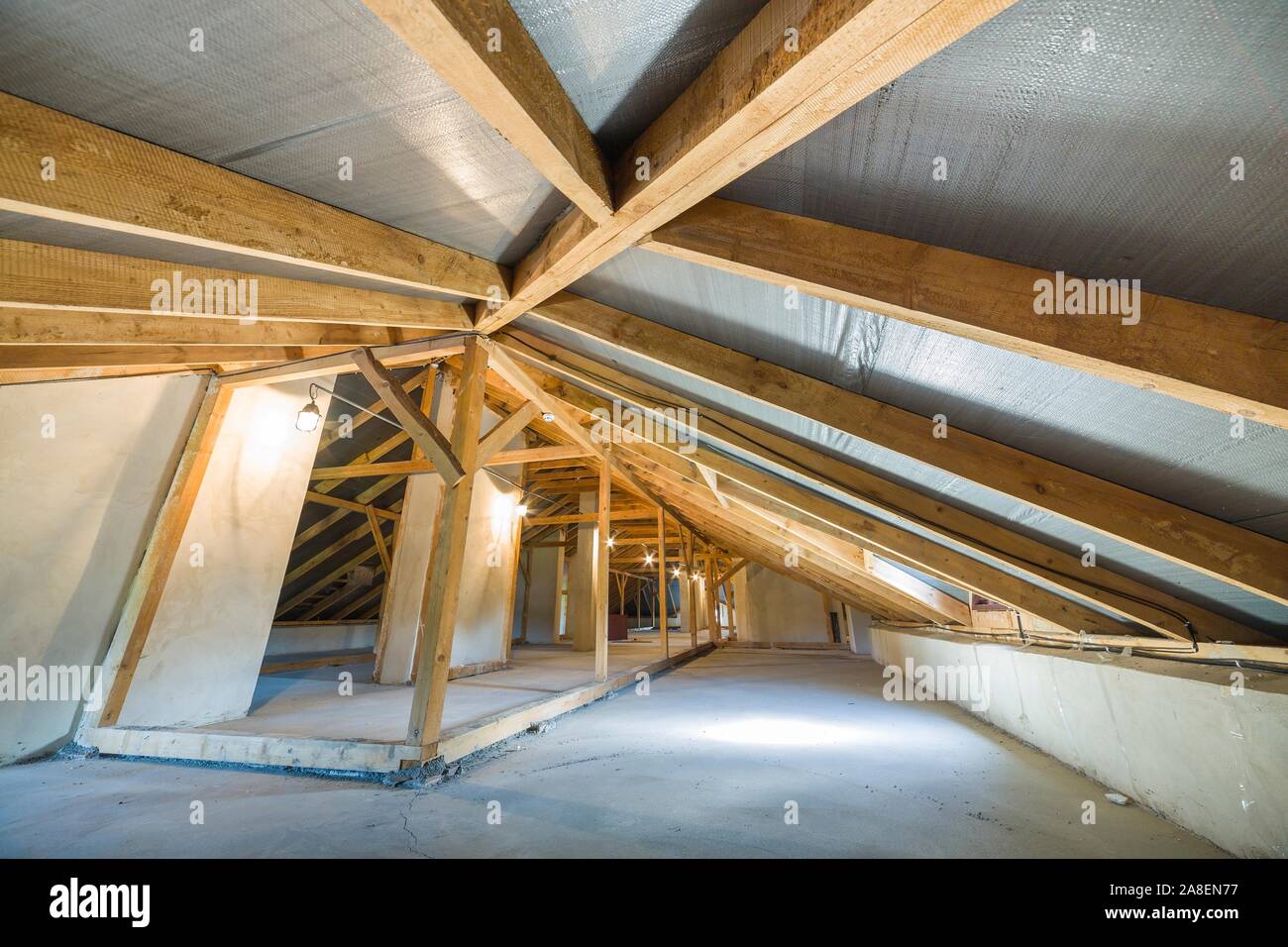 Attic Of A Building With Wooden Beams Of A Roof Structure Stock