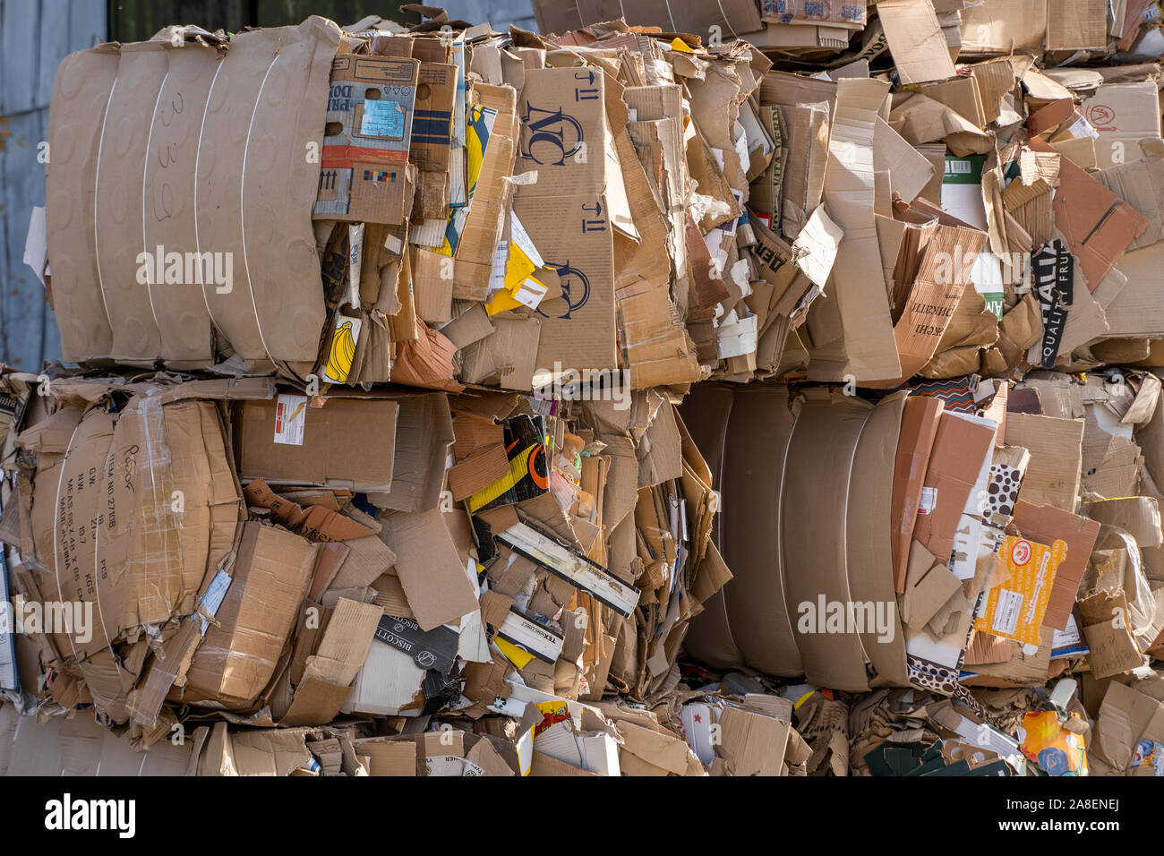 Bales of cardboard and box board with strapping wire ties. Background